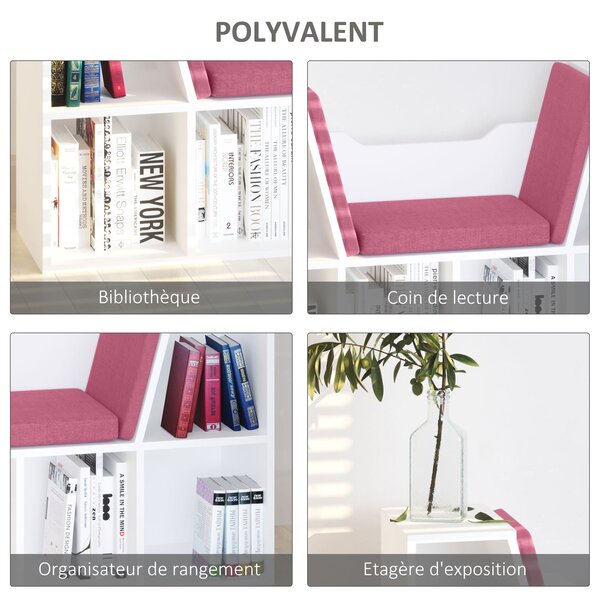 HOMCOM Moderní Design 2-v-1 Knihařská Lavice s 6 Úložnými Prostředky a 3 Polštářky 102L x 30W x 61H cm Bílá Růžová | Aosom