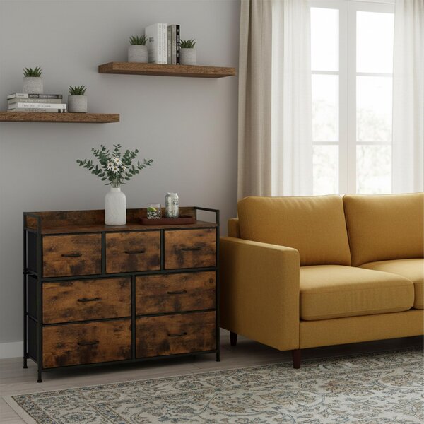Komoda Relaxdays, 7 látkových zásuvek, industriální styl, rozměry: 98 x 85 x 28,5 cm, obývací pokoj, předsíň, doplňková komoda, černá/hnědá
