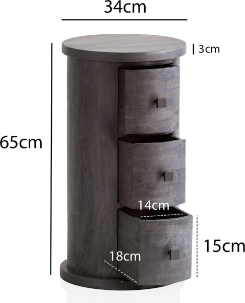FineBuy Design – příborník 65 cm z masivního mangového dřeva, černý, úzká skříňka se zásuvkami, úzká přídavná skříňka, masivní mini komoda, kulatá