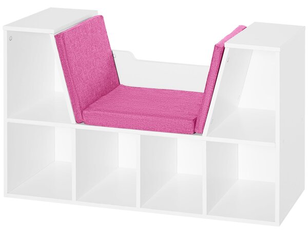 HOMCOM Moderní Design 2-v-1 Knihařská Lavice s 6 Úložnými Prostředky a 3 Polštářky 102L x 30W x 61H cm Bílá Růžová | Aosom