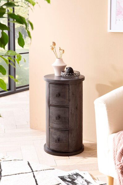 FineBuy Design – příborník 65 cm z masivního mangového dřeva, černý, úzká skříňka se zásuvkami, úzká přídavná skříňka, masivní mini komoda, kulatá