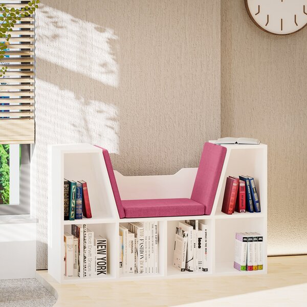 HOMCOM Moderní Design 2-v-1 Knihařská Lavice s 6 Úložnými Prostředky a 3 Polštářky 102L x 30W x 61H cm Bílá Růžová | Aosom