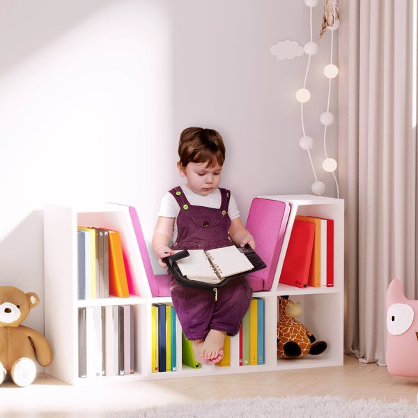 HOMCOM Moderní Design 2-v-1 Knihařská Lavice s 6 Úložnými Prostředky a 3 Polštářky 102L x 30W x 61H cm Bílá Růžová | Aosom