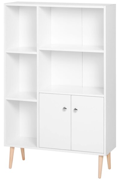 HOMCOM Skandinávská Knihovna s Úložným Prostorem, rozměry 80 Š x 23,5 H x 123 V cm, 5 nik, skříňka, 2 dveře, zúžené nohy z masivního borovicového dřev