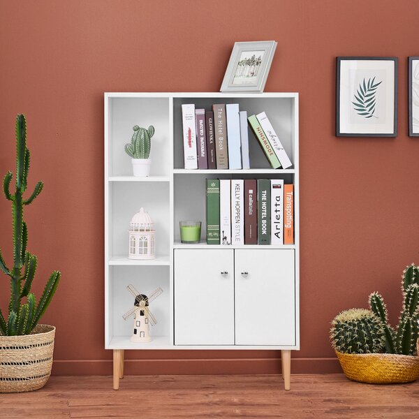 HOMCOM Skandinávská Knihovna s Úložným Prostorem, rozměry 80 Š x 23,5 H x 123 V cm, 5 nik, skříňka, 2 dveře, zúžené nohy z masivního borovicového dřev