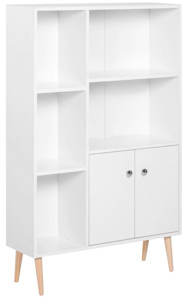 HOMCOM Skandinávská Knihovna s Úložným Prostorem, rozměry 80 Š x 23,5 H x 123 V cm, 5 nik, skříňka, 2 dveře, zúžené nohy z masivního borovicového dřev