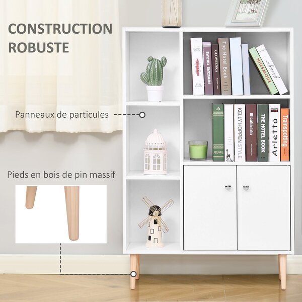 HOMCOM Skandinávská Knihovna s Úložným Prostorem, rozměry 80 Š x 23,5 H x 123 V cm, 5 nik, skříňka, 2 dveře, zúžené nohy z masivního borovicového dřev