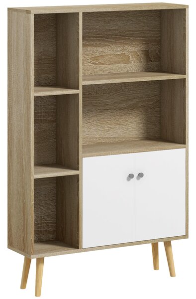 HOMCOM Knihovna v severském stylu z ořechového dřeva, rozměry 80L x 23,5W x 123H cm, 5 polic, skříňka s 2 dveřmi, zúžené nohy ze solidního borového dř