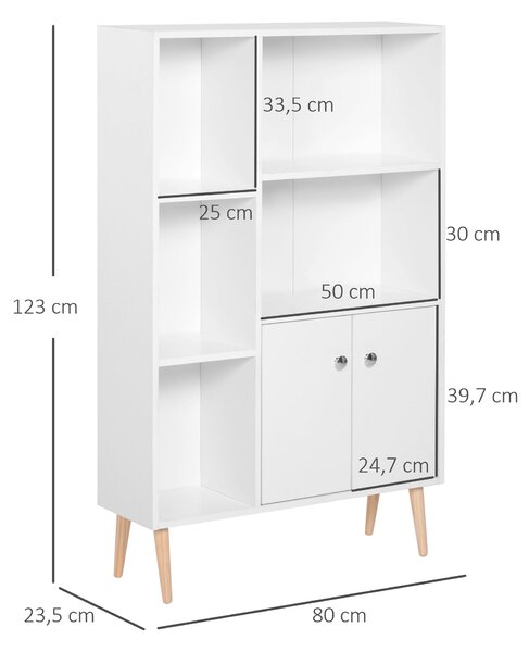 HOMCOM Skandinávská Knihovna s Úložným Prostorem, rozměry 80 Š x 23,5 H x 123 V cm, 5 nik, skříňka, 2 dveře, zúžené nohy z masivního borovicového dřev