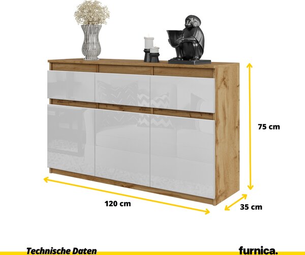 FURNICA - NOAH - Komoda / příborník se 3 zásuvkami a 3 dvířky - dub Wotan / bílý lesk V75cm Š120cm D35cm