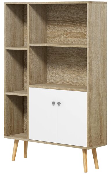 HOMCOM Knihovna v severském stylu z ořechového dřeva, rozměry 80L x 23,5W x 123H cm, 5 polic, skříňka s 2 dveřmi, zúžené nohy ze solidního borového dř