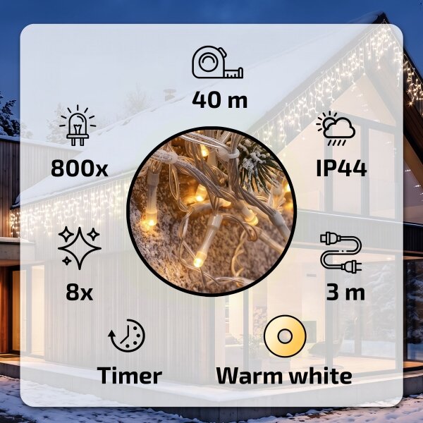 BRILAGI - LED Venk. vánoční řetěz 800xLED/8 funkcí 43m IP44 teplá bílá rampouchy
