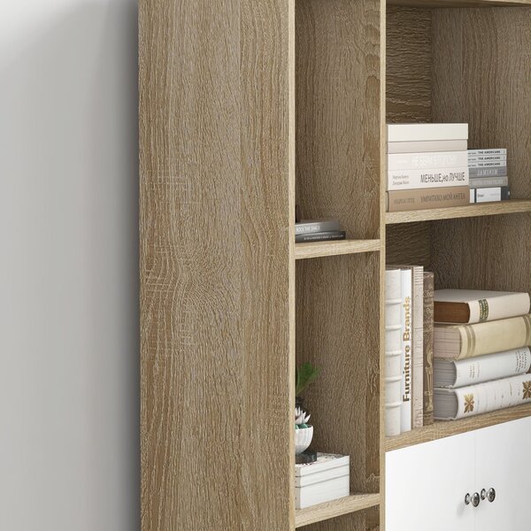 HOMCOM Knihovna v severském stylu z ořechového dřeva, rozměry 80L x 23,5W x 123H cm, 5 polic, skříňka s 2 dveřmi, zúžené nohy ze solidního borového dř