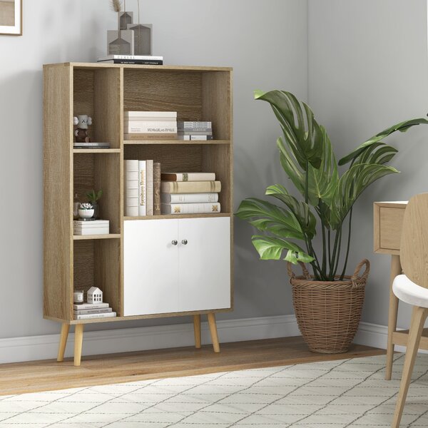HOMCOM Knihovna v severském stylu z ořechového dřeva, rozměry 80L x 23,5W x 123H cm, 5 polic, skříňka s 2 dveřmi, zúžené nohy ze solidního borového dř