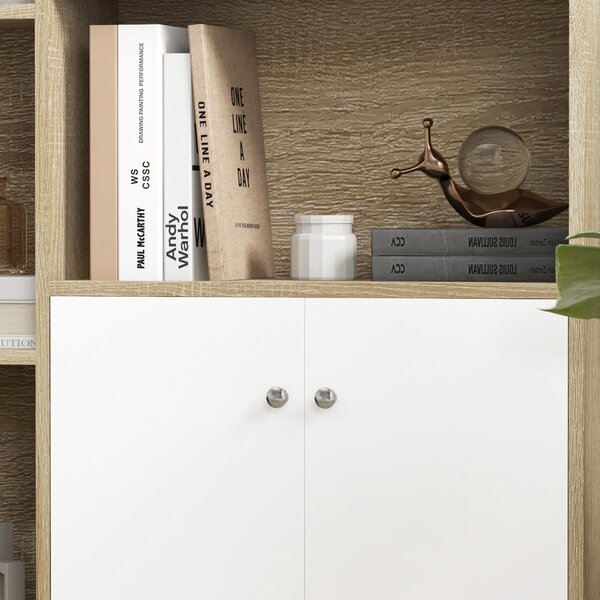 HOMCOM Knihovna v severském stylu z ořechového dřeva, rozměry 80L x 23,5W x 123H cm, 5 polic, skříňka s 2 dveřmi, zúžené nohy ze solidního borového dř