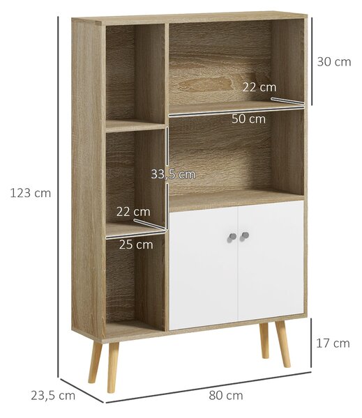 HOMCOM Knihovna v severském stylu z ořechového dřeva, rozměry 80L x 23,5W x 123H cm, 5 polic, skříňka s 2 dveřmi, zúžené nohy ze solidního borového dř