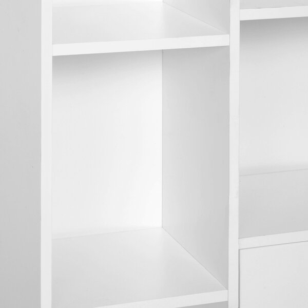 HOMCOM Skandinávská Knihovna s Úložným Prostorem, rozměry 80 Š x 23,5 H x 123 V cm, 5 nik, skříňka, 2 dveře, zúžené nohy z masivního borovicového dřev
