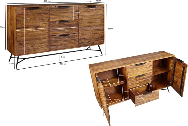 FineBuy Sideboard Sheesham masivní dřevo 160 cm 2 dveře a 3 zásuvky – masivní retro komoda s kovovým rámem – designový přírodní příborník, ručně vyrobený v industriálním stylu
