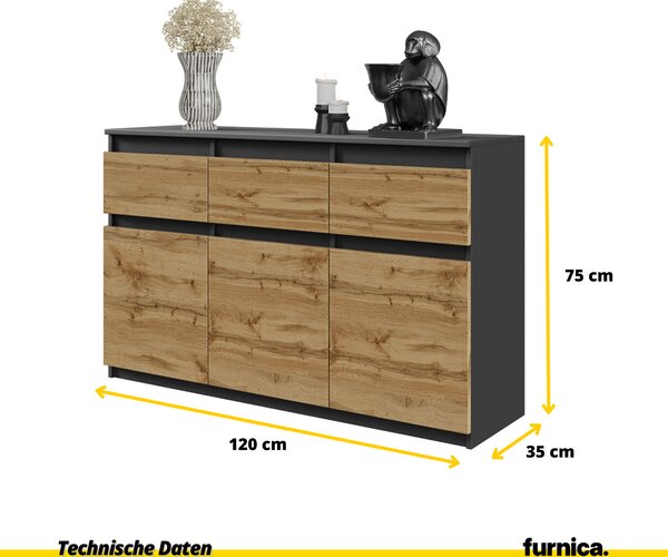 FURNICA - NOAH - Komoda / příborník se 3 zásuvkami a 3 dvířky - antracitově šedá / dub Wotan V75cm Š120cm H35cm