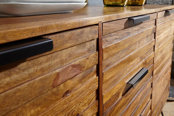 FineBuy Sideboard Sheesham masivní dřevo 160 cm 2 dveře a 3 zásuvky – masivní retro komoda s kovovým rámem – designový přírodní příborník, ručně vyrobený v industriálním stylu