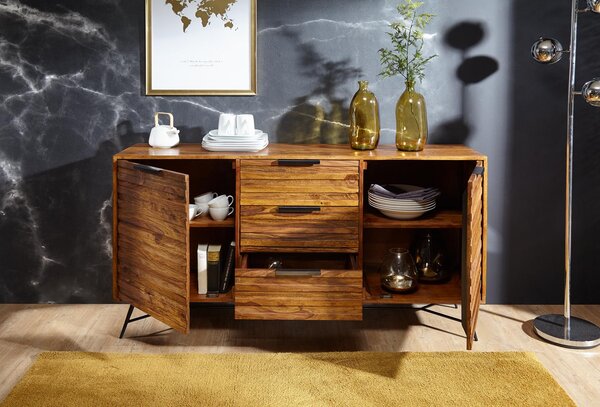 FineBuy Sideboard Sheesham masivní dřevo 160 cm 2 dveře a 3 zásuvky – masivní retro komoda s kovovým rámem – designový přírodní příborník, ručně vyrobený v industriálním stylu