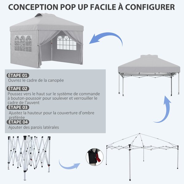 Outsunny Skládací Zahradní Gazebo Pop-up Recepční Stan 3x3 s Nastavitelnou Výškou, Bočními Stěnami, Ventilací, Okny a Taškou na Kolech z Oxfordské Tka