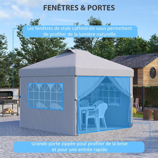 Outsunny Skládací Zahradní Gazebo Pop-up Recepční Stan 3x3 s Nastavitelnou Výškou, Bočními Stěnami, Ventilací, Okny a Taškou na Kolech z Oxfordské Tka