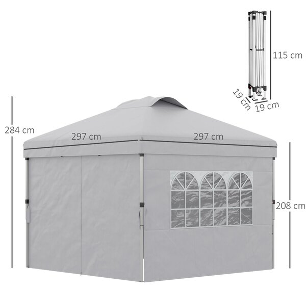 Outsunny Skládací Zahradní Gazebo Pop-up Recepční Stan 3x3 s Nastavitelnou Výškou, Bočními Stěnami, Ventilací, Okny a Taškou na Kolech z Oxfordské Tka