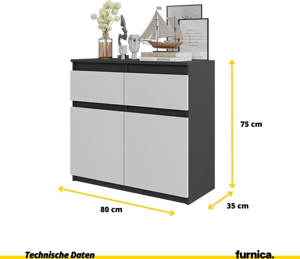 FURNICA - NOAH - Komoda se 2 zásuvkami a 2 dvířky - antracitově šedá / bílá matná V75cm Š80cm H35cm