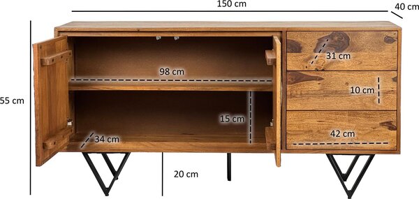 WOHNLING Komoda z masivního dřeva sheesham 150 x 40 x 55 cm Komoda se 2 dvířky a 3 zásuvkami Úložný prostor Komoda s čely v 3D kamenném vzhledu Nábytek do obývacího pokoje