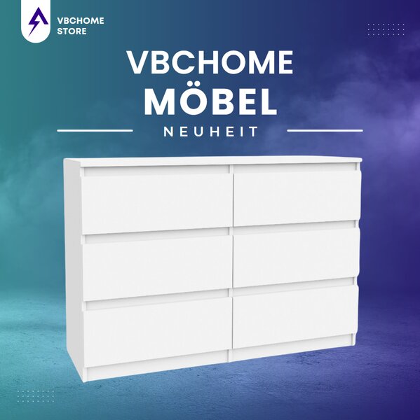 VBChome Komoda se 6 zásuvkami Bílá 120 x 39 x 81 cm Bezúchytková zásuvková komoda Dřevěná víceúčelová skříň Víceúčelová skříň do předsíně Ložnice Obývací pokoj Dětský pokoj Snadná montáž