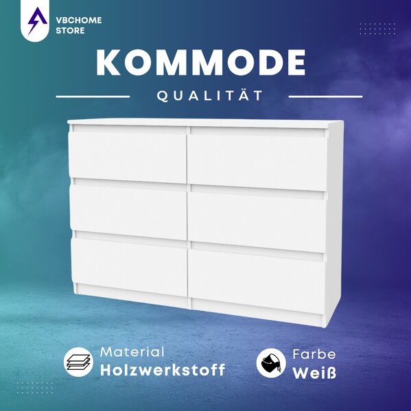 VBChome Komoda se 6 zásuvkami Bílá 120 x 39 x 81 cm Bezúchytková zásuvková komoda Dřevěná víceúčelová skříň Víceúčelová skříň do předsíně Ložnice Obývací pokoj Dětský pokoj Snadná montáž