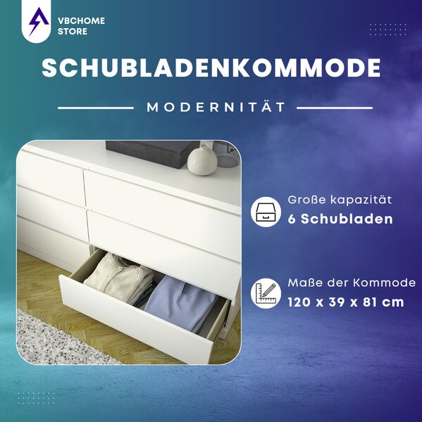 VBChome Komoda se 6 zásuvkami Bílá 120 x 39 x 81 cm Bezúchytková zásuvková komoda Dřevěná víceúčelová skříň Víceúčelová skříň do předsíně Ložnice Obývací pokoj Dětský pokoj Snadná montáž