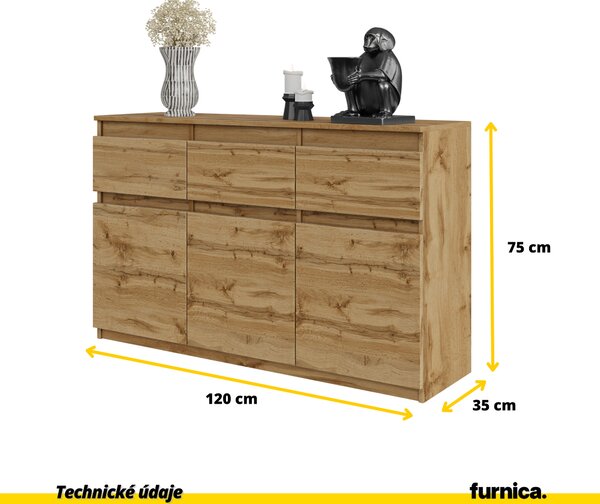 FURNICA - NOAH - Komoda se 3 zásuvkami a 3 dvířky - dub Wotan V75cm Š120cm H35cm