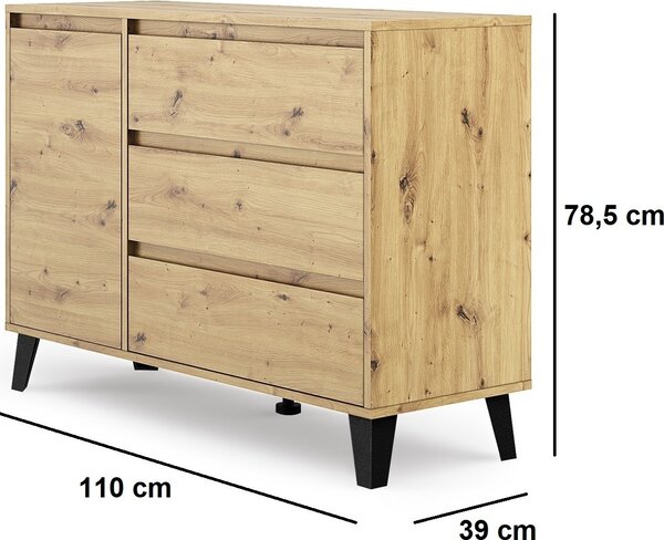 VBChome Komoda s 1 dvířky a 3 zásuvkami 110 x 39 x 78 cm Komoda bez úchytek Artisan Víceúčelová skříňka do předsíně ložnice obývacího pokoje dětského pokoje moderní