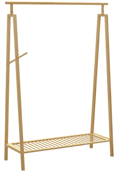 HOMCOM Bambusový věšák na oblečení, dřevěný stojan na kabáty s policí na boty, rozměry 110D x 42Š x 152V cm | Aosom