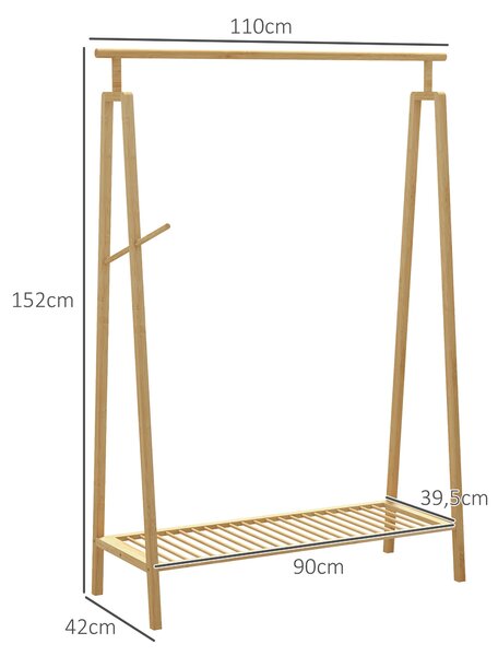 HOMCOM Bambusový věšák na oblečení, dřevěný stojan na kabáty s policí na boty, rozměry 110D x 42Š x 152V cm | Aosom