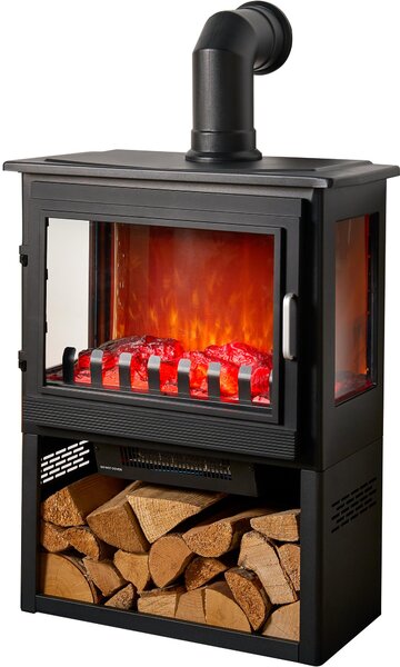 Sureflame Marlow 3-stranný elektrický krb v matné černé barvě s přihrádkou na dřevo a zahnutým kouřovodem