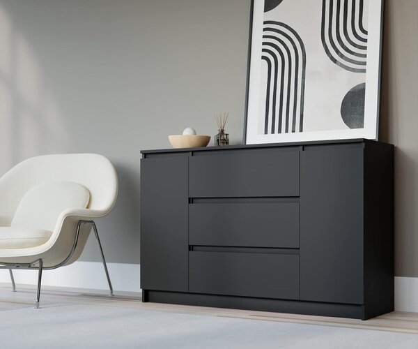 Komoda, matná černá, 120 x 39 x 78 cm, 2 dvířka, 3 zásuvky