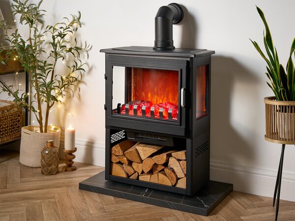 Sureflame Marlow 3-stranný elektrický krb v matné černé barvě s přihrádkou na dřevo a zahnutým kouřovodem