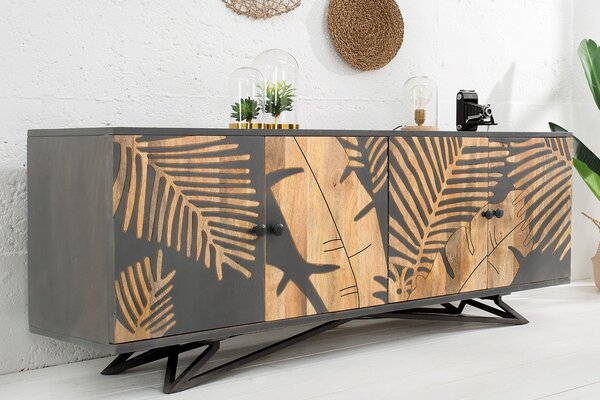 Riess-ambiente Masivní příborník TROPICAL 160 cm šedé mangové dřevo květinový design boho kovový rám komoda skříňka