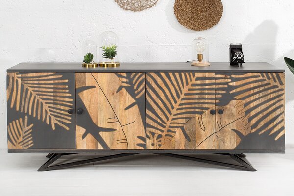 Riess-ambiente Masivní příborník TROPICAL 160 cm šedé mangové dřevo květinový design boho kovový rám komoda skříňka