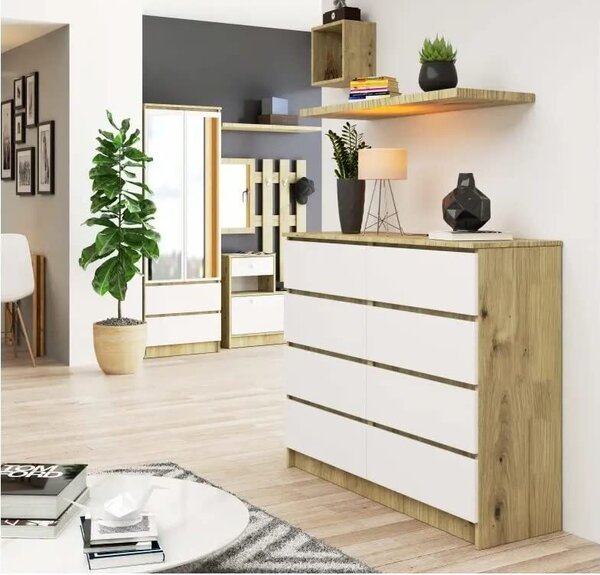 BDW, komoda s 8 zásuvkami, 120x99x40 cm, spousta úložného prostoru, dub Artisan - bílá