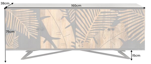 Riess-ambiente Masivní příborník TROPICAL 160 cm šedé mangové dřevo květinový design boho kovový rám komoda skříňka
