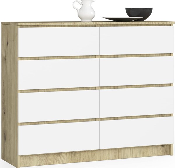BDW, komoda s 8 zásuvkami, 120x99x40 cm, spousta úložného prostoru, dub Artisan - bílá