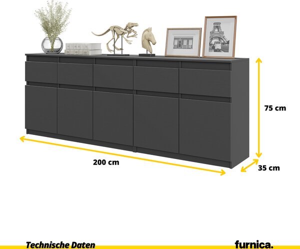 NOAH - Komoda s 5 zásuvkami a 5 dvířky - Komoda do ložnice s úložným prostorem - antracit V75cm Š200cm H35cm