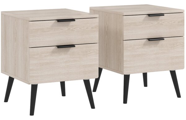 HOMCOM Sada 2 Nočních Stolků, Moderní Nordic Styl, Noční Stolek s Dvoubarevným Šuplíkem, Masivní Dřevěné Nohy, do Ložnice, Obývacího Pokoje, Dubový Ef