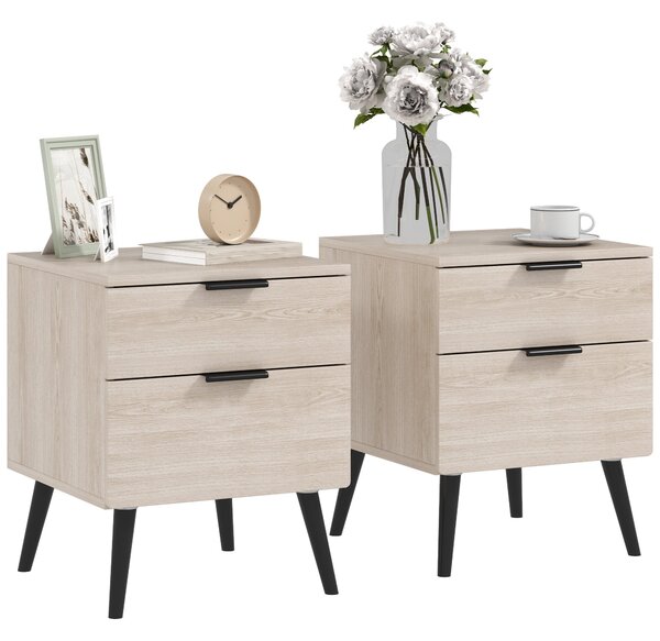 HOMCOM Sada 2 Nočních Stolků, Moderní Nordic Styl, Noční Stolek s Dvoubarevným Šuplíkem, Masivní Dřevěné Nohy, do Ložnice, Obývacího Pokoje, Dubový Ef