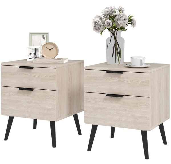 HOMCOM Sada 2 Nočních Stolků, Moderní Nordic Styl, Noční Stolek s Dvoubarevným Šuplíkem, Masivní Dřevěné Nohy, do Ložnice, Obývacího Pokoje, Dubový Ef
