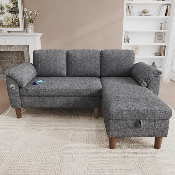 Rohová sedačka ve tvaru "L", třísedák, odkládací prostor, chaise longue, USB/Type-C port, boční kapsa, materiál: chenille (světlě šedá)
